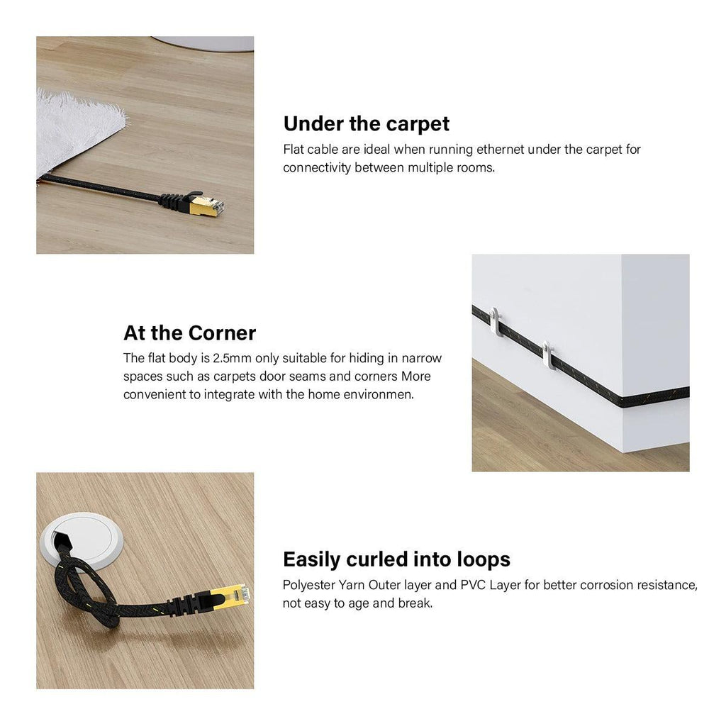 CAT7 Ethernet Cable 10G 600MHz Shielded Flat RJ45 Internet Network Patch Cord Fast LAN Wire Network Gold Plated Lead Polyester Braided For Gaming