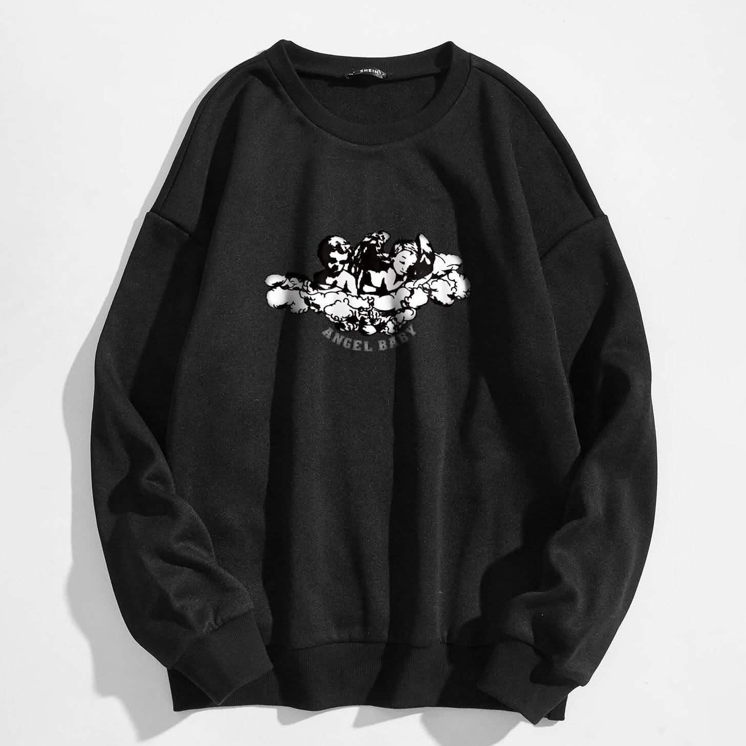 Angel and Letter Graphic Oversized Thermal Sweatshirt