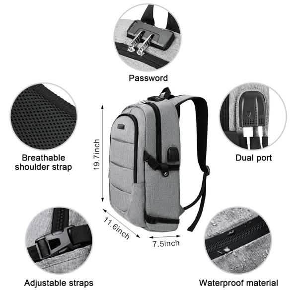 Anti Theft Waterproof Classic Backpack with USB Charging Port and Headphone Interface