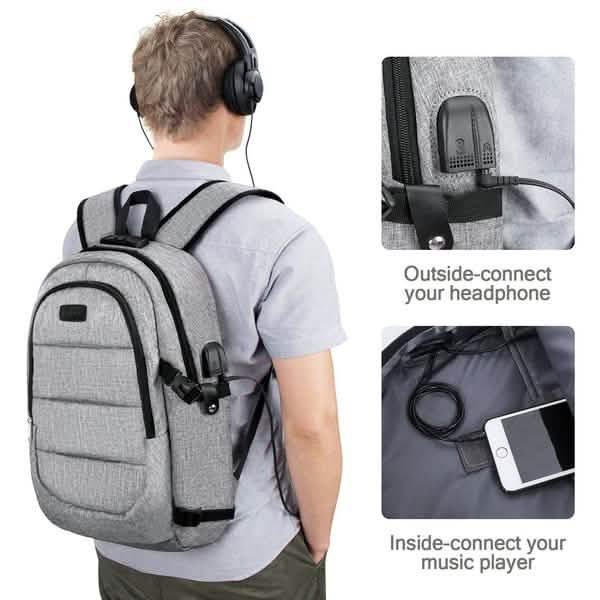 Anti Theft Waterproof Classic Backpack with USB Charging Port and Headphone Interface