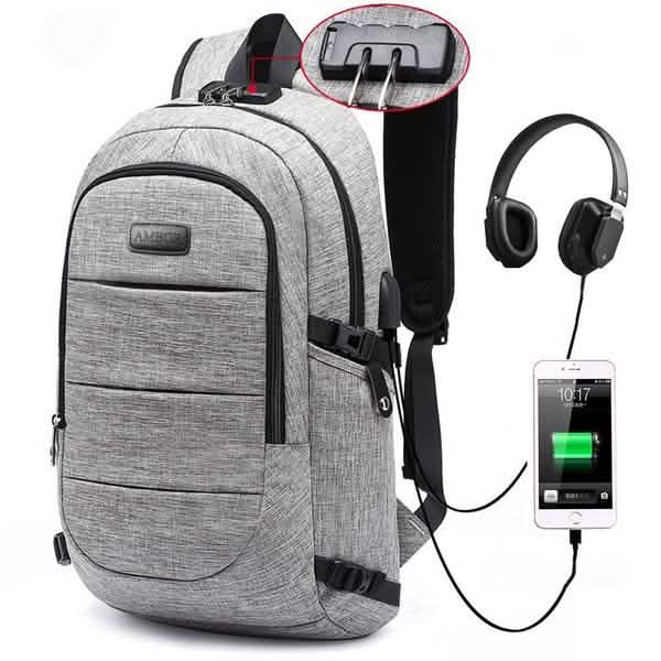 Anti Theft Waterproof Classic Backpack with USB Charging Port and Headphone Interface