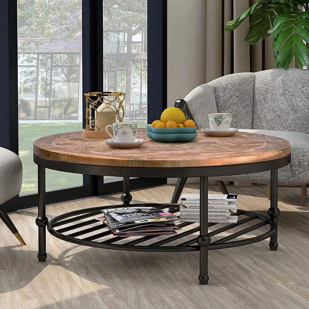 Antique Natural Coffee Table with Living Room Storage Rack