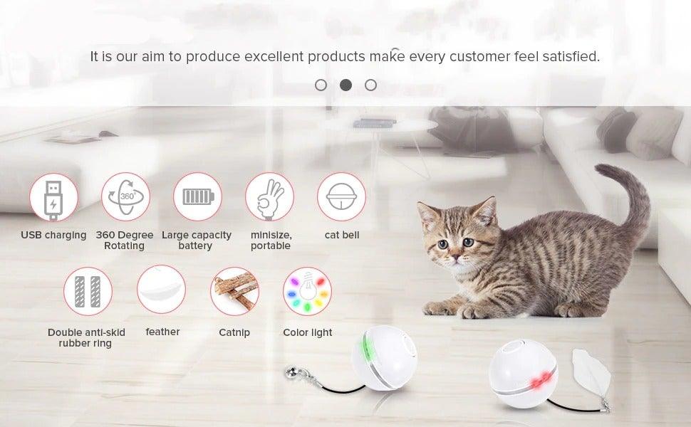 Automatic Smart Cat Toys Ball Interactive Catnip USB Rechargeable Self Rotating Colorful Led Feather Bells Toys for Cats Kitten Build-in Spinning Led Light Stimulate Hunting Instinct