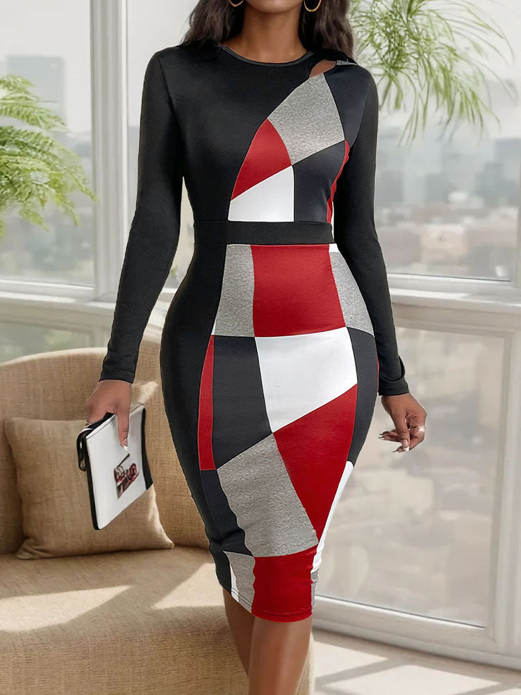 Autumn slimming temperament commuting geometric figure high waisted long skirt
