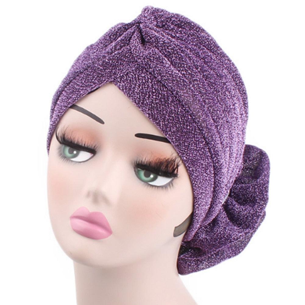 Autumn Winter Warm Headwear Soft Shine Silver Gold Lightweight Knot Twist Turban Headbands Cap Casual Streetwear Hats For Women