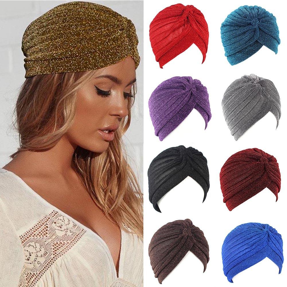 Autumn Winter Warm Headwear Soft Shine Silver Gold Lightweight Knot Twist Turban Headbands Cap Casual Streetwear Hats For Women