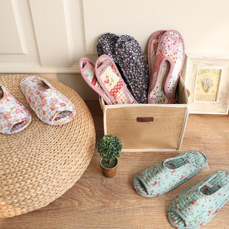 Autumn Winter Women Indoor Slippers Vintage Floral Home Bedroom Slippers Soft Cotton Toe Sole Slippers Women Summer Plaid Slip On House Shoes Non Slip Bedroom Slippers