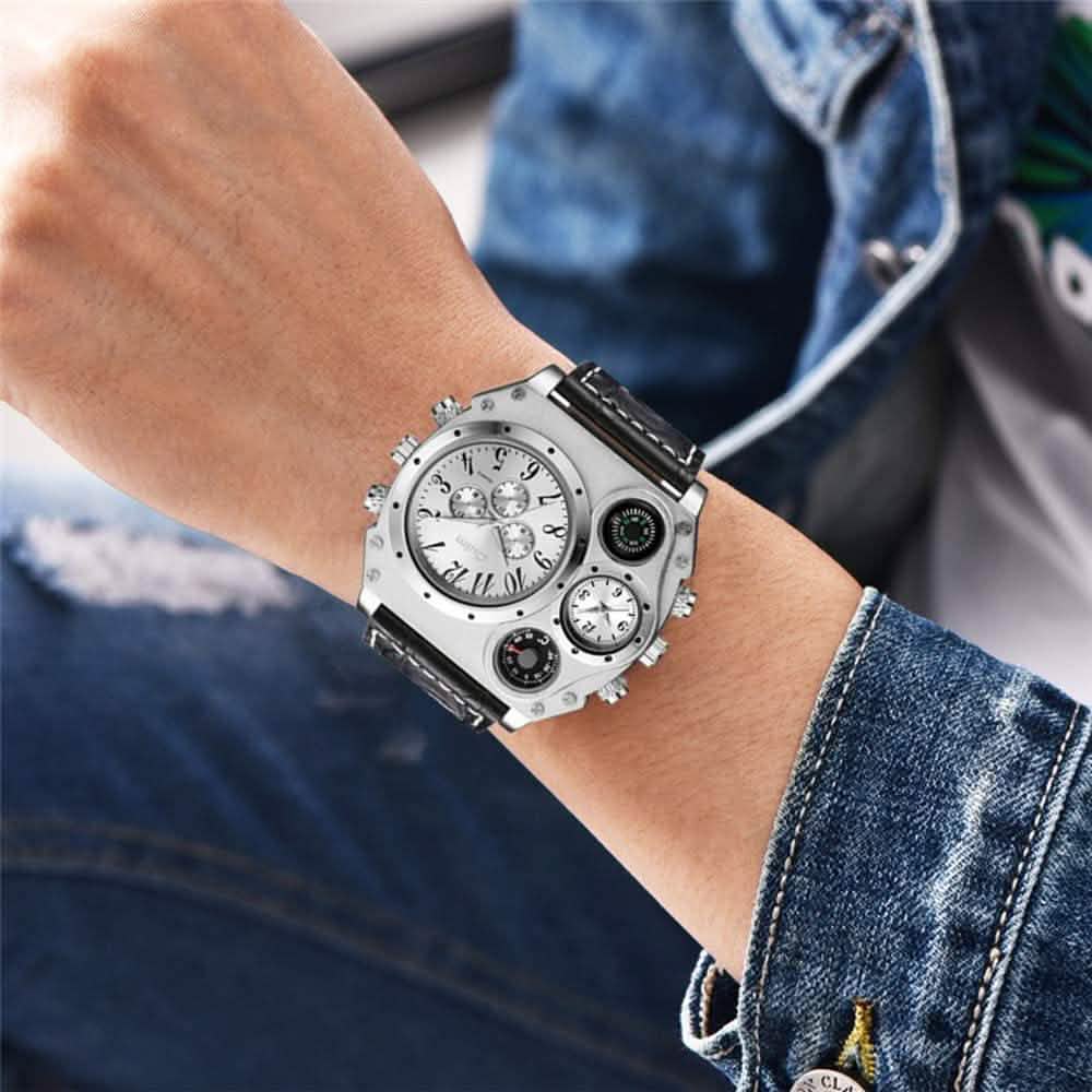 Avaner Mens Big Face Dual Time Zone Leather Strap Sport Watch
