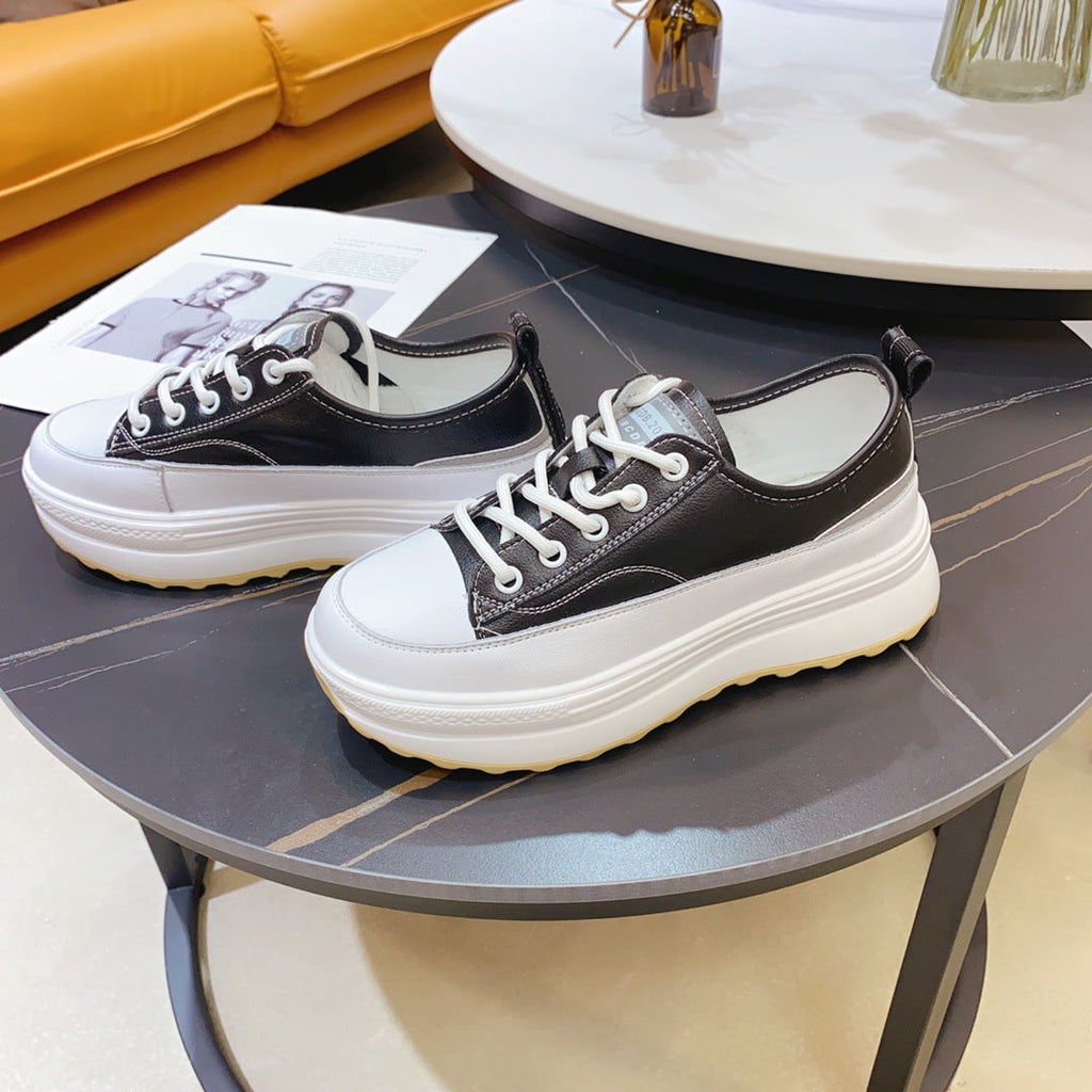 Cowhide Sponge Cake Platform White Shoes Women