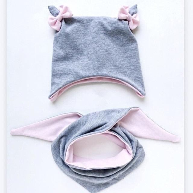 Baby Cotton Hat  Autumn Winter Children Scarf Hat Sets  Bowknot Ear Baby Girl Boy Warm Beanies Cap Neck Warmer Scarf Fleece Balaclava Hood Ski Mask Cold Weather Face Mask Neck Warmer Winter Nose Warmer