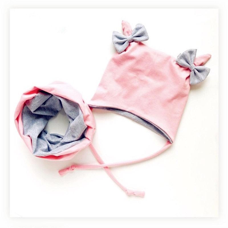 Baby Cotton Hat  Autumn Winter Children Scarf Hat Sets  Bowknot Ear Baby Girl Boy Warm Beanies Cap Neck Warmer Scarf Fleece Balaclava Hood Ski Mask Cold Weather Face Mask Neck Warmer Winter Nose Warmer