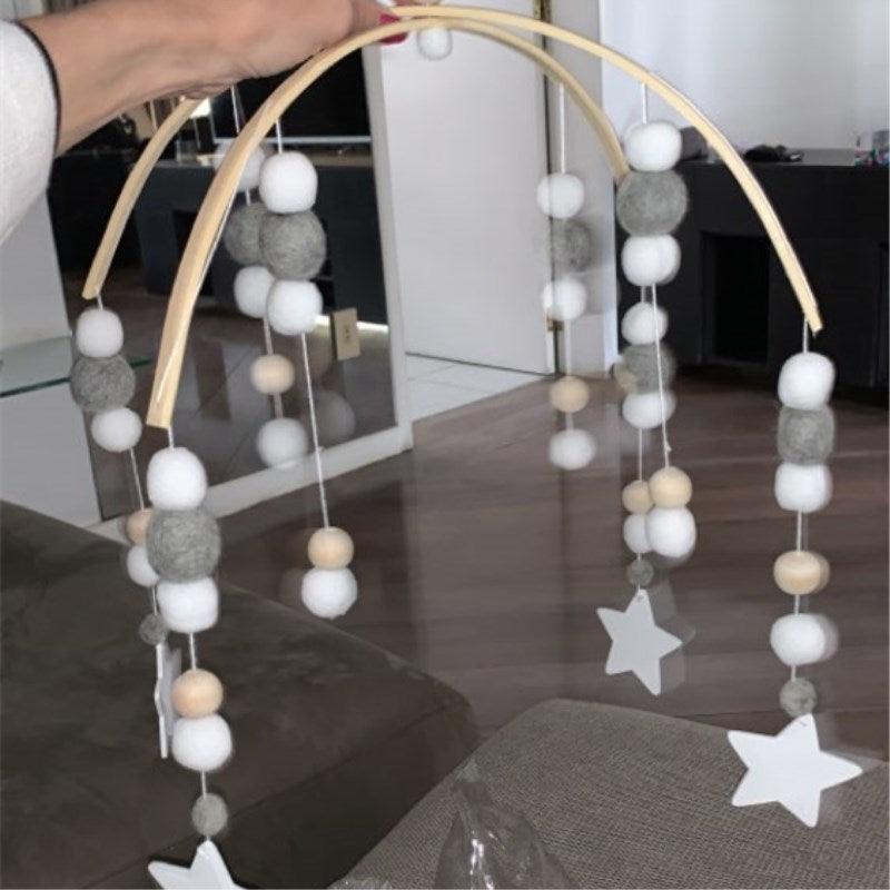 Baby Nordic Wooden Beads Wind Chimes with Wool Balls Nursery Mobile Crib Bed Bell Baby Bedroom Ceiling Wooden Beads Wind Chime Hanging Newborn Baby Bed Hanging Wind-bell Crib Tent Kids Room Decorations Ornaments