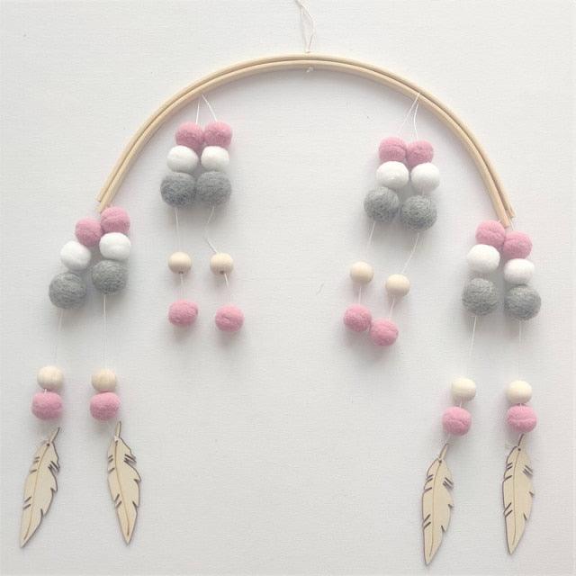 Baby Nordic Wooden Beads Wind Chimes with Wool Balls Nursery Mobile Crib Bed Bell Baby Bedroom Ceiling Wooden Beads Wind Chime Hanging Newborn Baby Bed Hanging Wind-bell Crib Tent Kids Room Decorations Ornaments