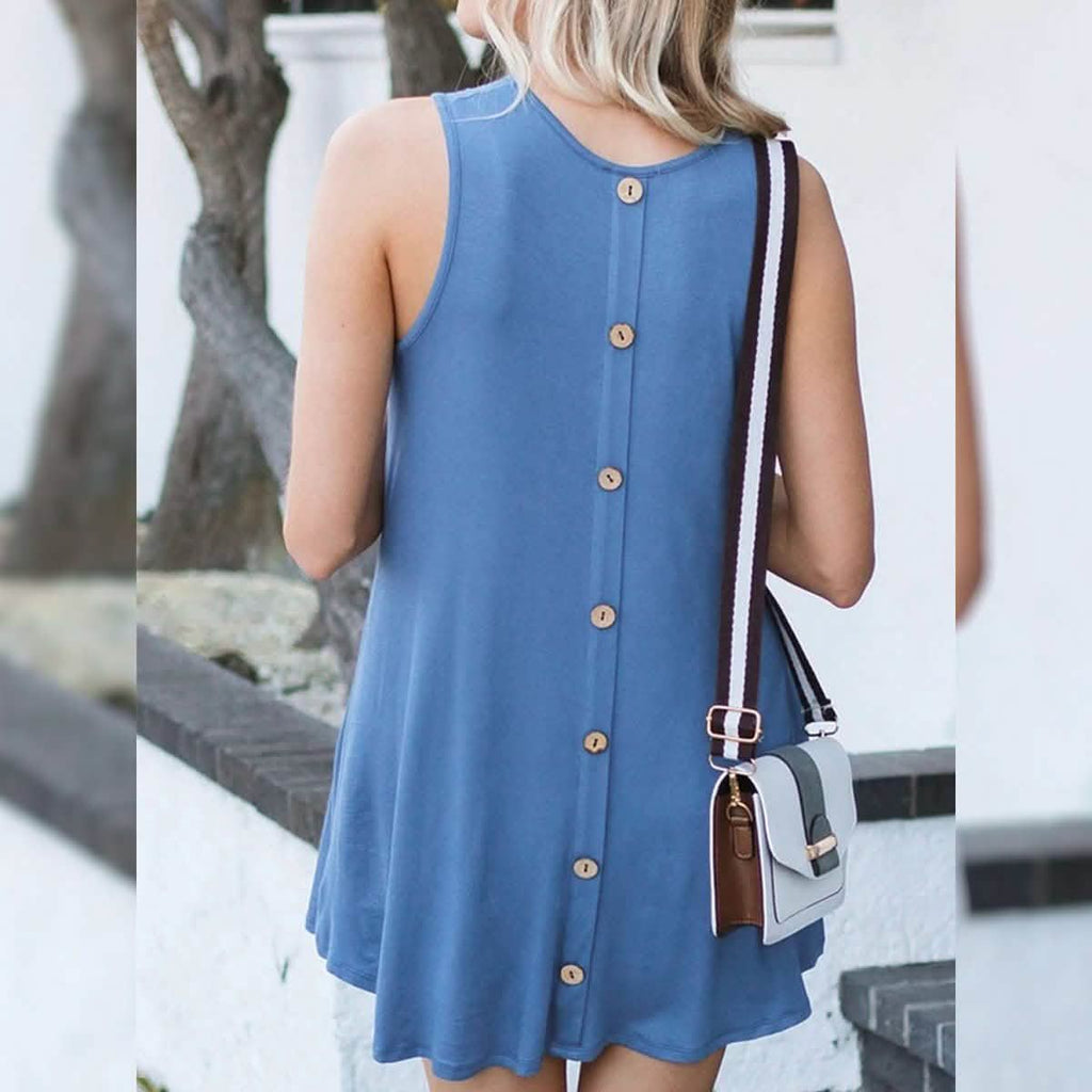 Back Round Neck Single-Breasted Sleeveless Solid Color Dress