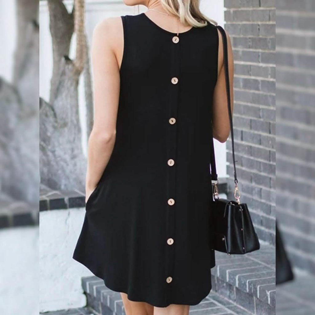 Back Round Neck Single-Breasted Sleeveless Solid Color Dress