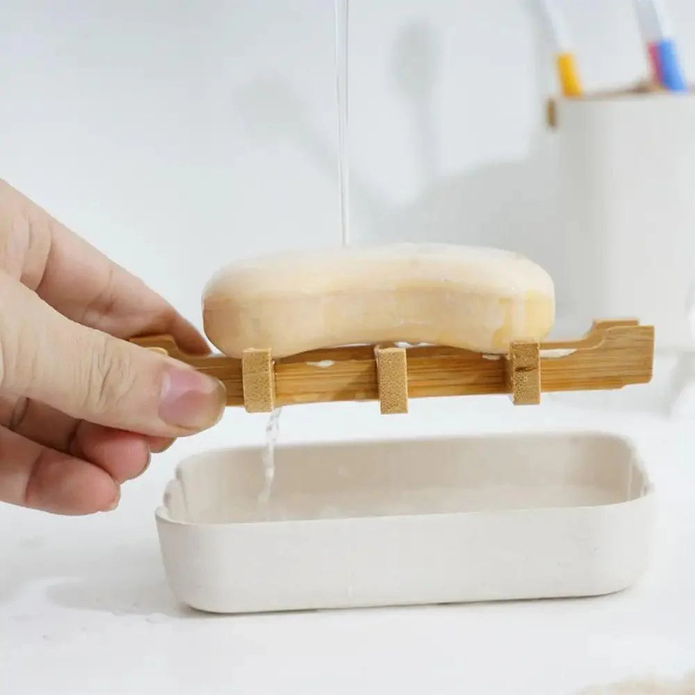 Bamboo Fiber Shower Soap Holder Draining Box Kitchen Storage Rack Bathroom Soap Case Supplies Portable Bar Soap Box Container Bamboo Self-Draining Soap Box And Soap Saver Pouch Soap Holder for Shower Bathroom Kitchen Bathtub Bar Sink White and Black