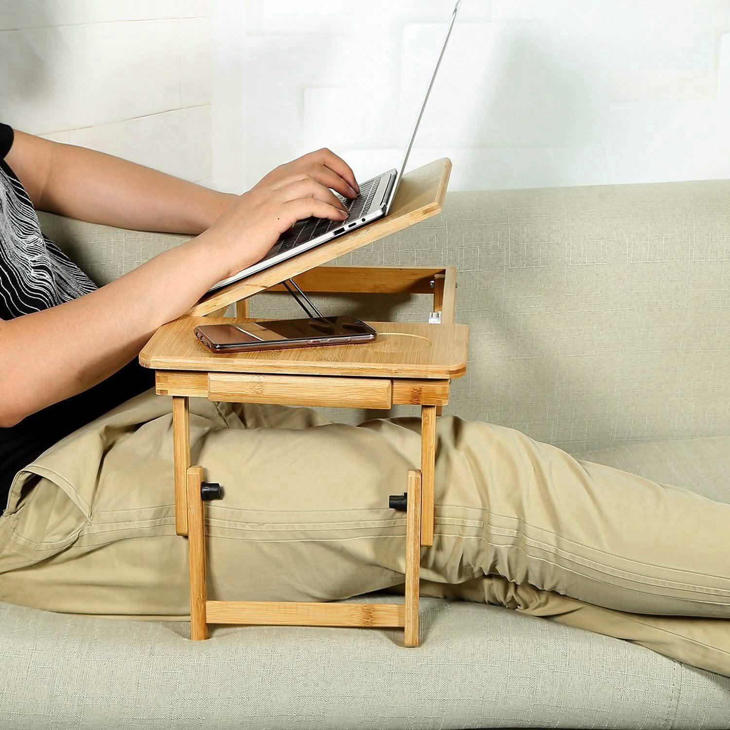 Bamboo Laptop Desk with Side Storage Drawer