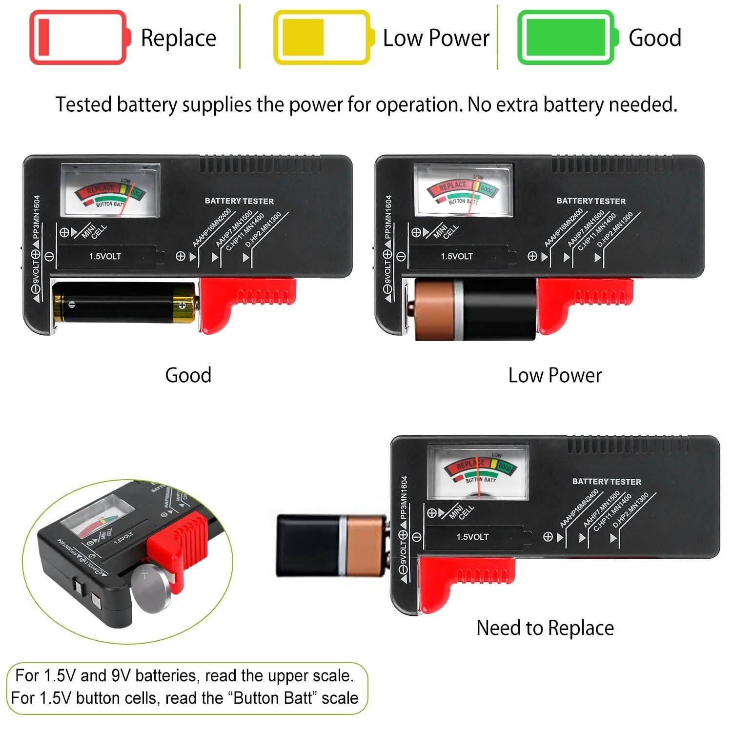 Battery Tester Checker Universal For AA AAA C D 9V 1.5V Button Cell Battery