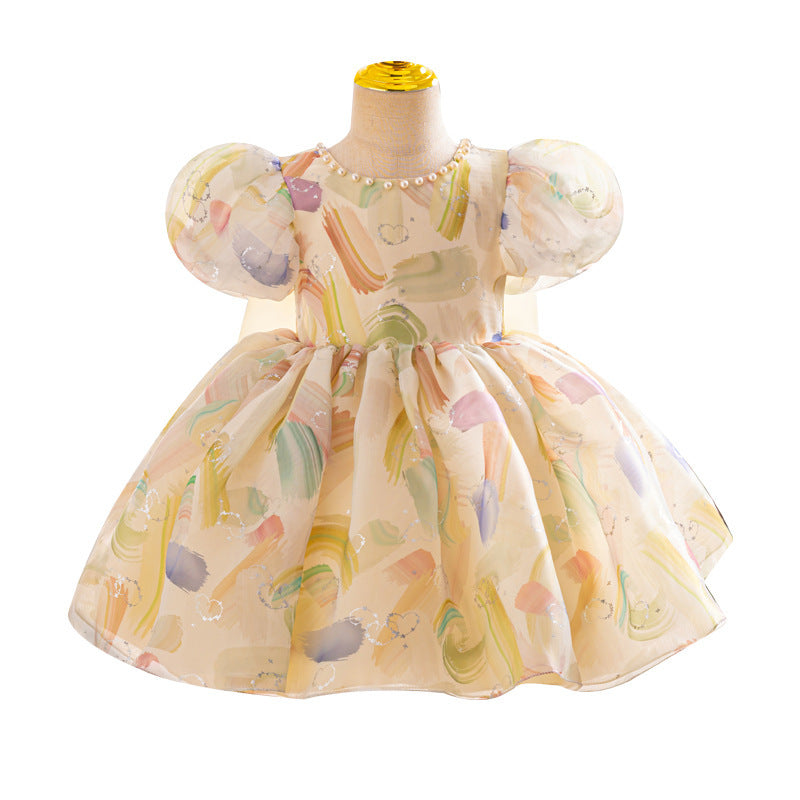 Fashion Puff Sleeve Bowknot Girl Dress