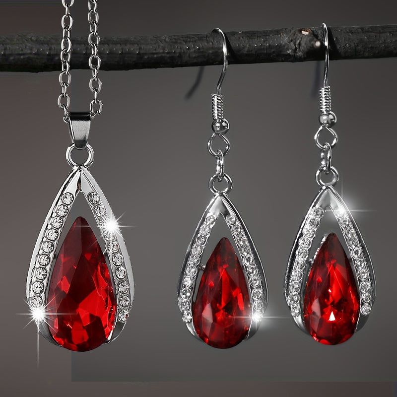 A Stylish And Exquisite Set of Black And Red Teardrop Glass Pendant Earrings And Necklace, Perfect for Valentine'S Day, Anniversaries, Birthdays, Parties, Weddings, And As Jewelry Gifts.