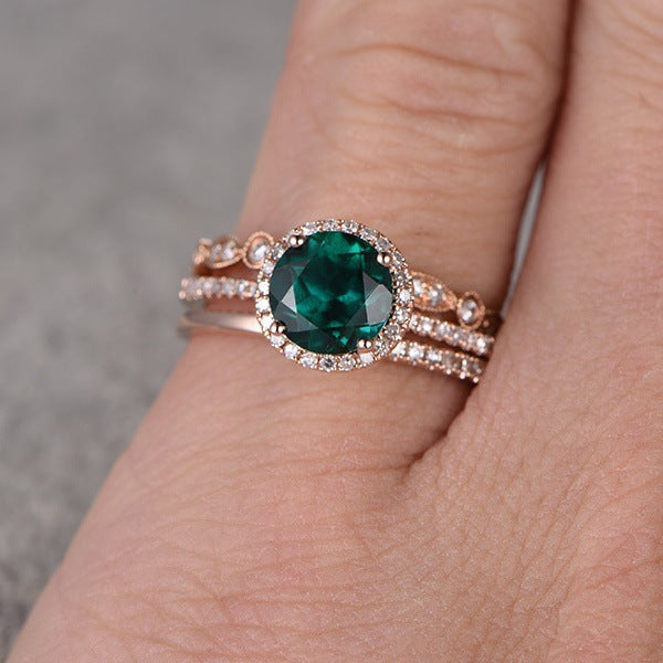 New Product 14k Rose Gold Three-piece Ring With Micro Inlaid Emeralds European And American Engagement Jewelry