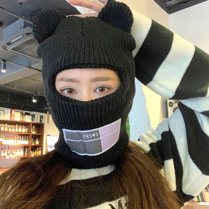 Bear Ears Balaclava Ladies 1 Hole Ski Mask Handmade Crochet Full Face Wooly Hat Cute Girl Winter Streetwear Warm Beanie Knitted Ski Full Face Covering Adult Winter Balaclava for Outdoor Sports Weather Balaclava Ski Mask for Men Windproof Thermal Beanie
