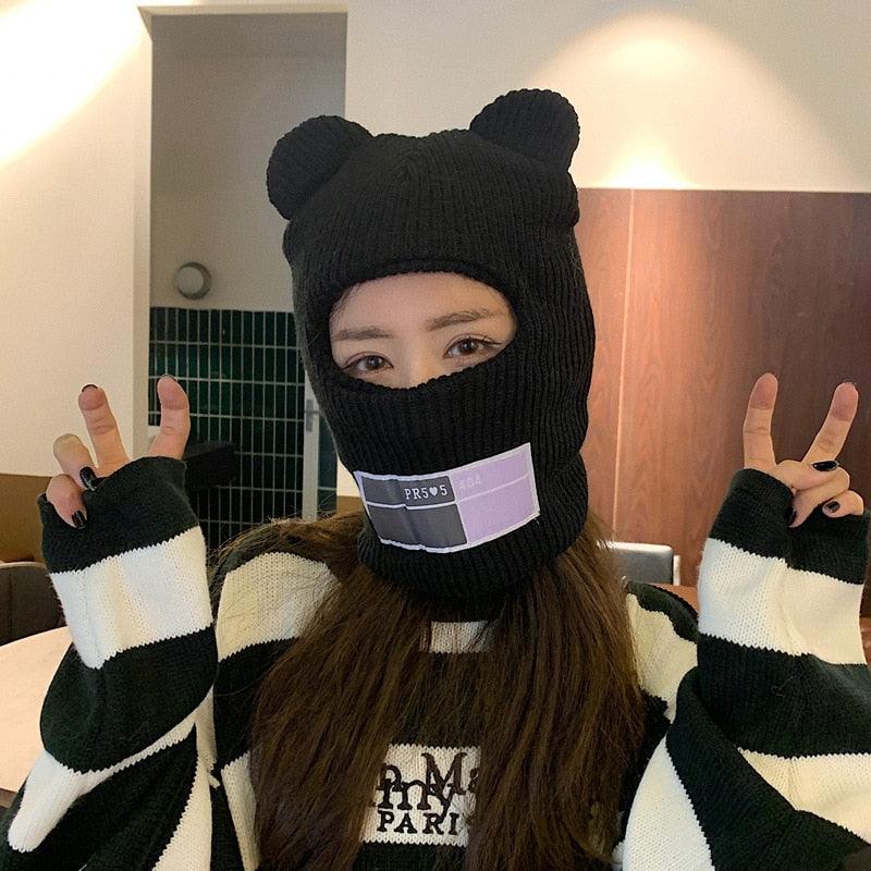 Bear Ears Balaclava Ladies 1 Hole Ski Mask Handmade Crochet Full Face Wooly Hat Cute Girl Winter Streetwear Warm Beanie Knitted Ski Full Face Covering Adult Winter Balaclava for Outdoor Sports Weather Balaclava Ski Mask for Men Windproof Thermal Beanie
