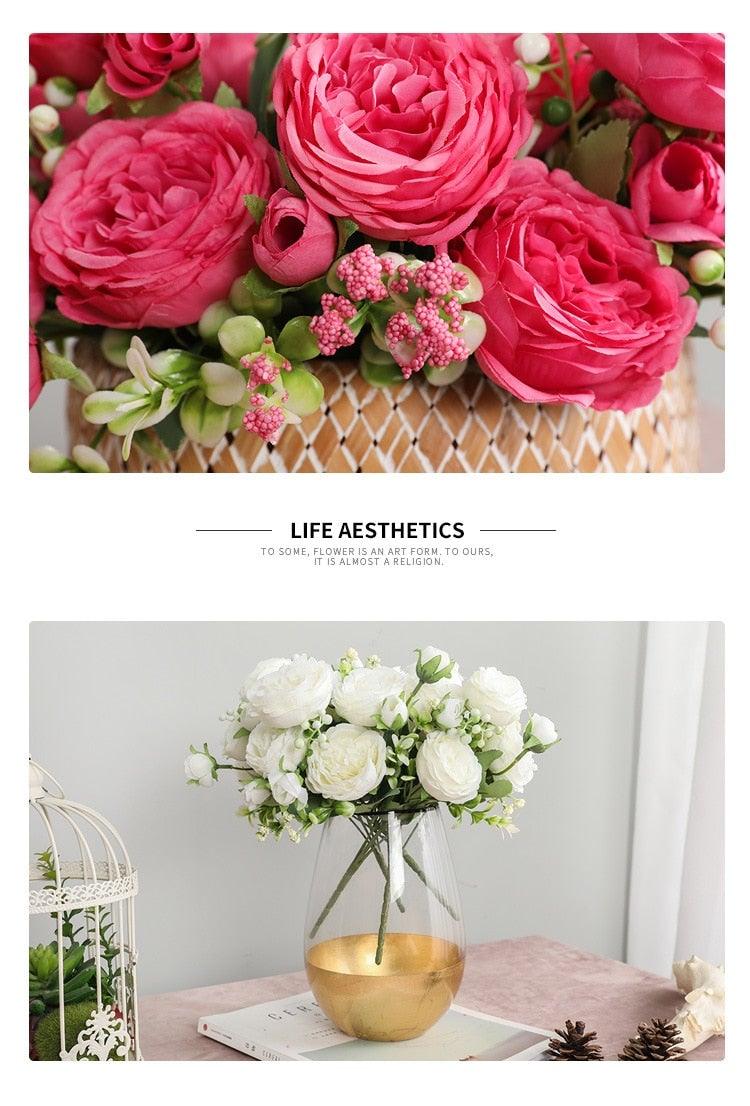 Beautiful Rose Peony Artificial Silk Eucalyptus Fake Flowers Small bouquet Flores Home Party Spring Wedding Decoration Artificial Silk Rose Flower Bouquet Lifelike Fake Rose for Wedding Home Party Decoration Event Gift