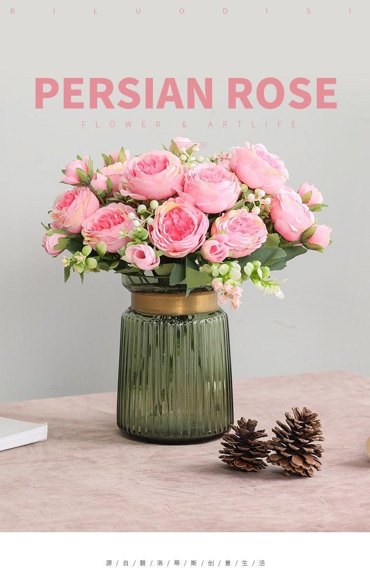 Beautiful Rose Peony Artificial Silk Eucalyptus Fake Flowers Small bouquet Flores Home Party Spring Wedding Decoration Artificial Silk Rose Flower Bouquet Lifelike Fake Rose for Wedding Home Party Decoration Event Gift