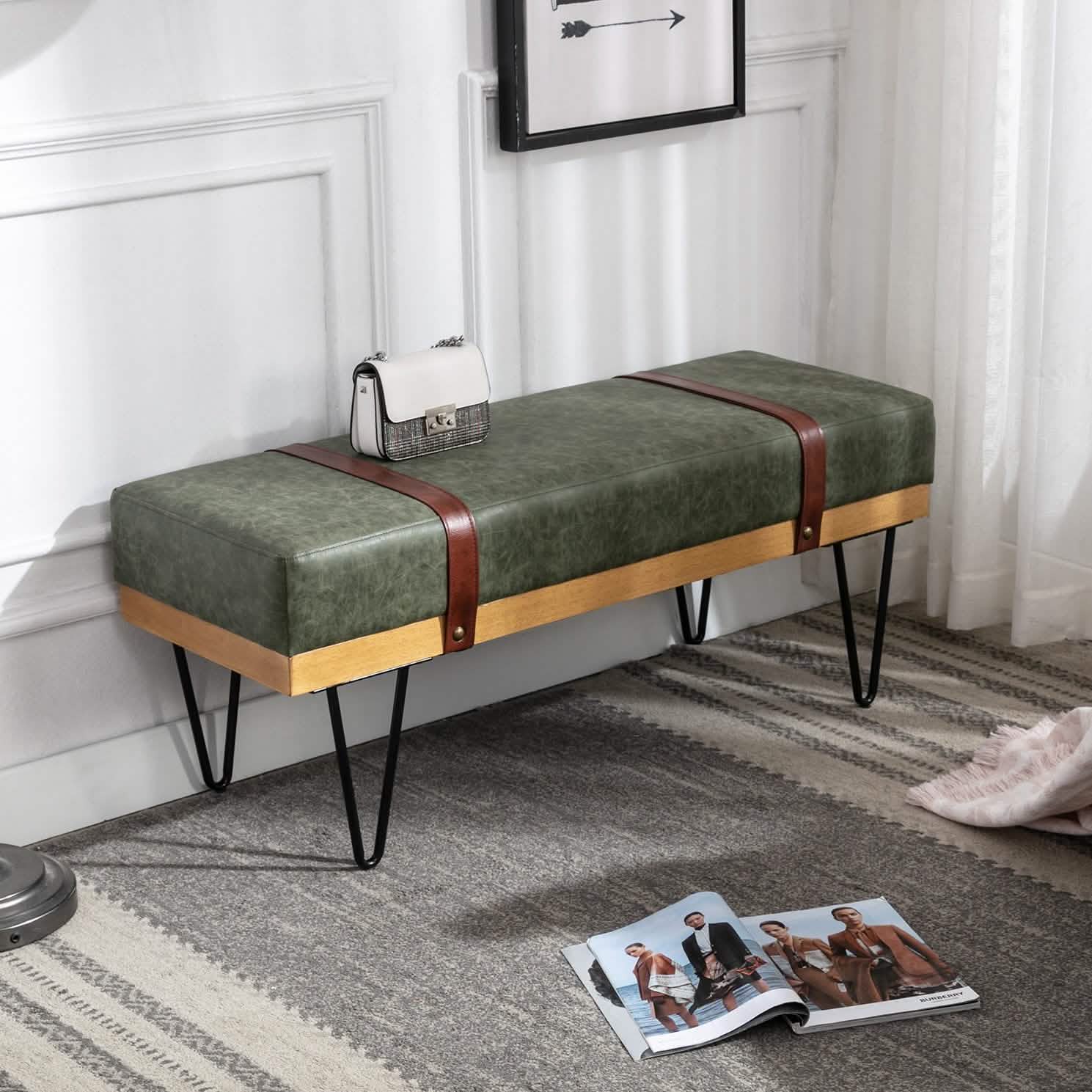 Bench for Bedroom Entryway Linen Ottoman Fabric Upholstered with Soft Cushion and Solid Wood Frame