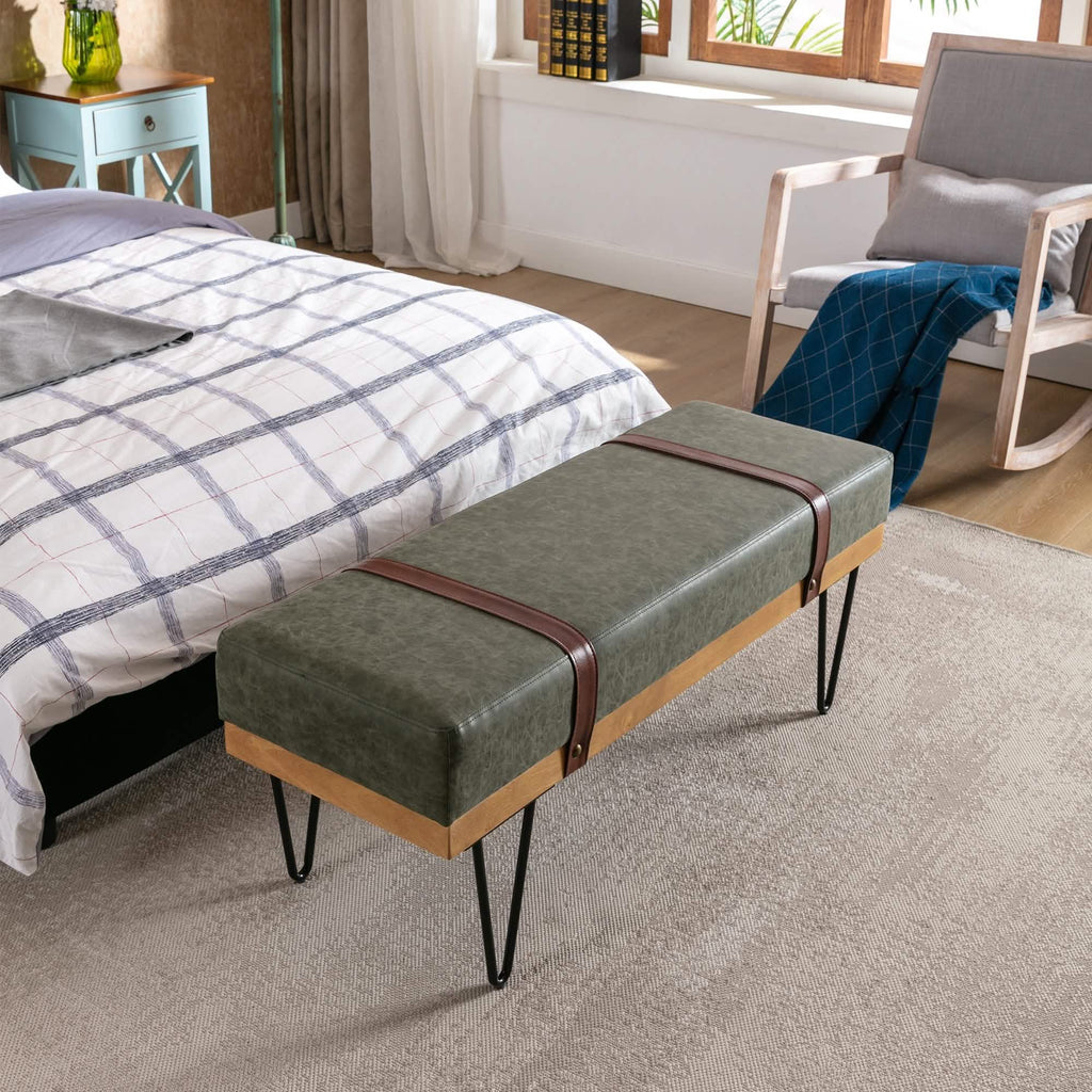 Bench for Bedroom Entryway Linen Ottoman Fabric Upholstered with Soft Cushion and Solid Wood Frame