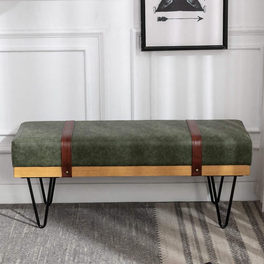 Bench for Bedroom Entryway Linen Ottoman Fabric Upholstered with Soft Cushion and Solid Wood Frame