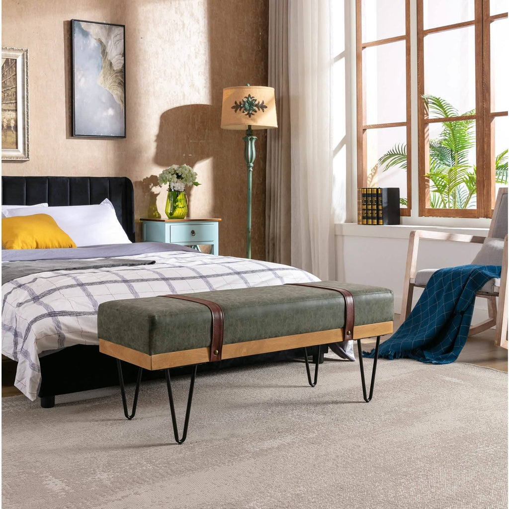 Bench for Bedroom Entryway Linen Ottoman Fabric Upholstered with Soft Cushion and Solid Wood Frame
