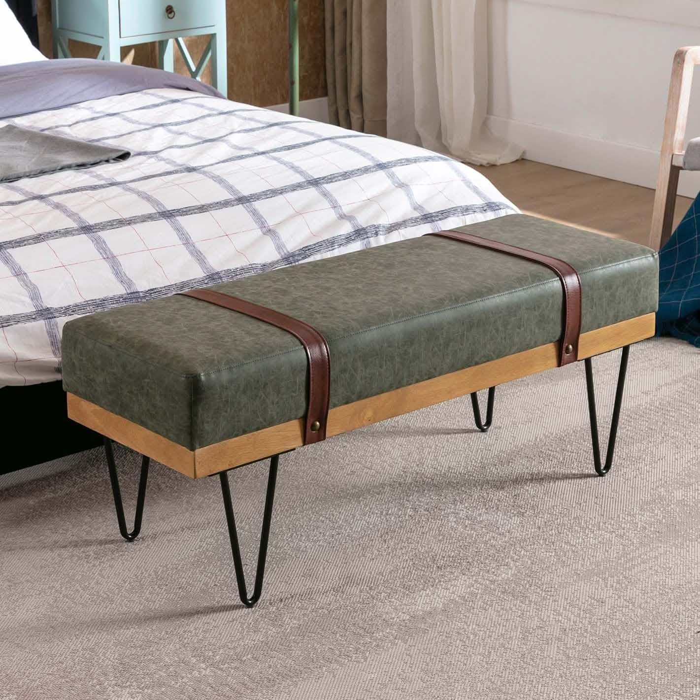 Bench for Bedroom Entryway Linen Ottoman Fabric Upholstered with Soft Cushion and Solid Wood Frame
