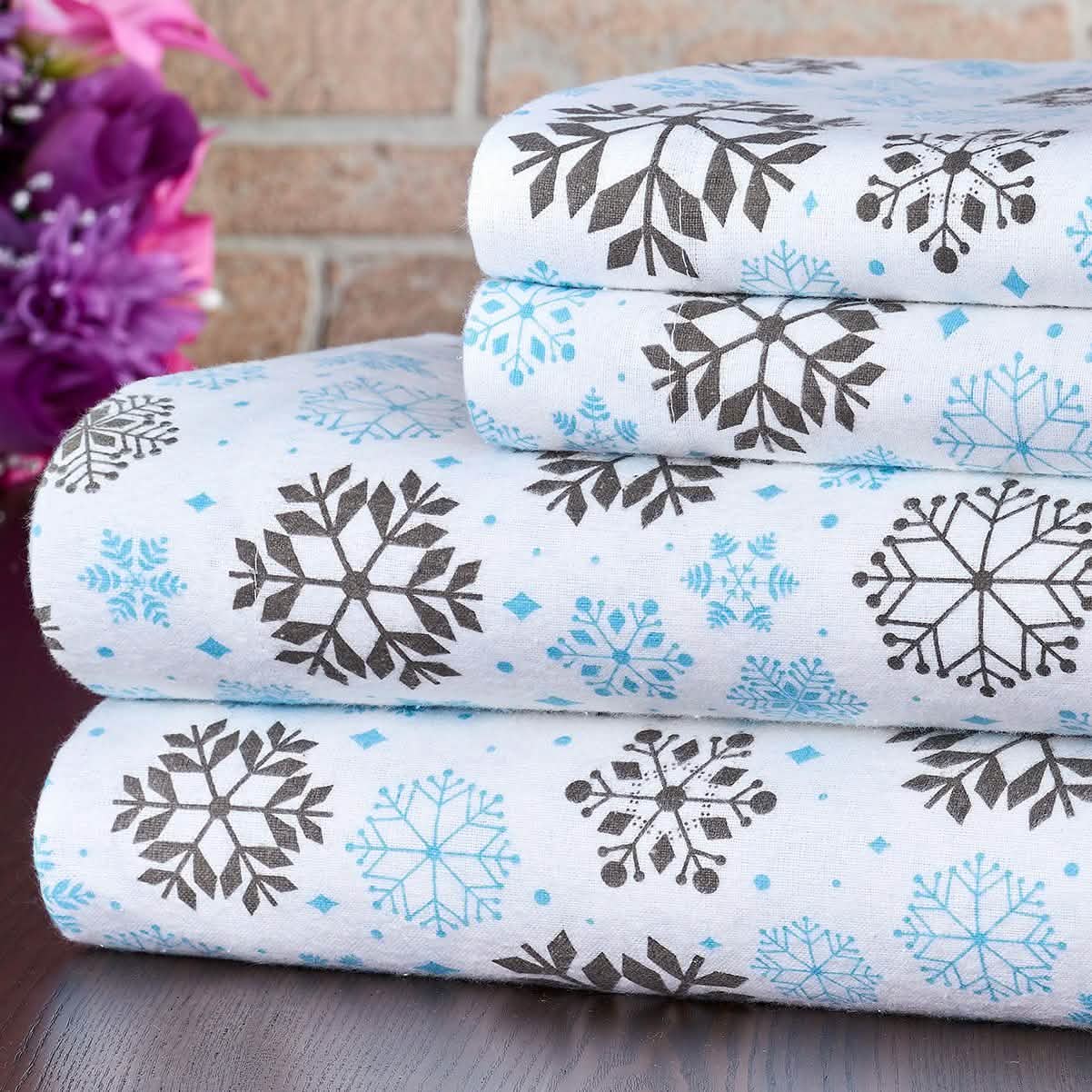 Bibb Home 100% Cotton Printed Flannel Sheet Set - Cozy, Soft, Deep Pocket Sheets