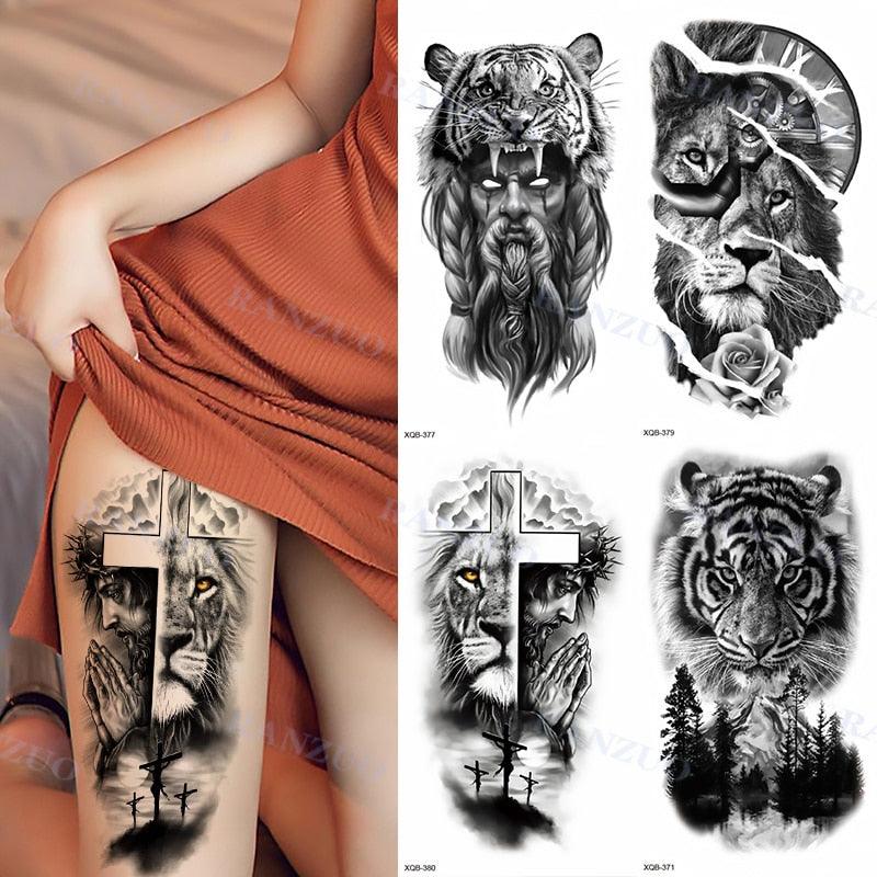 Big Tiger Lion Waterproof Temporary Sticker Tattoo Arm Legs Fake Tattoo Stickers For Adults Realistic Luxury Design For Mens Womens