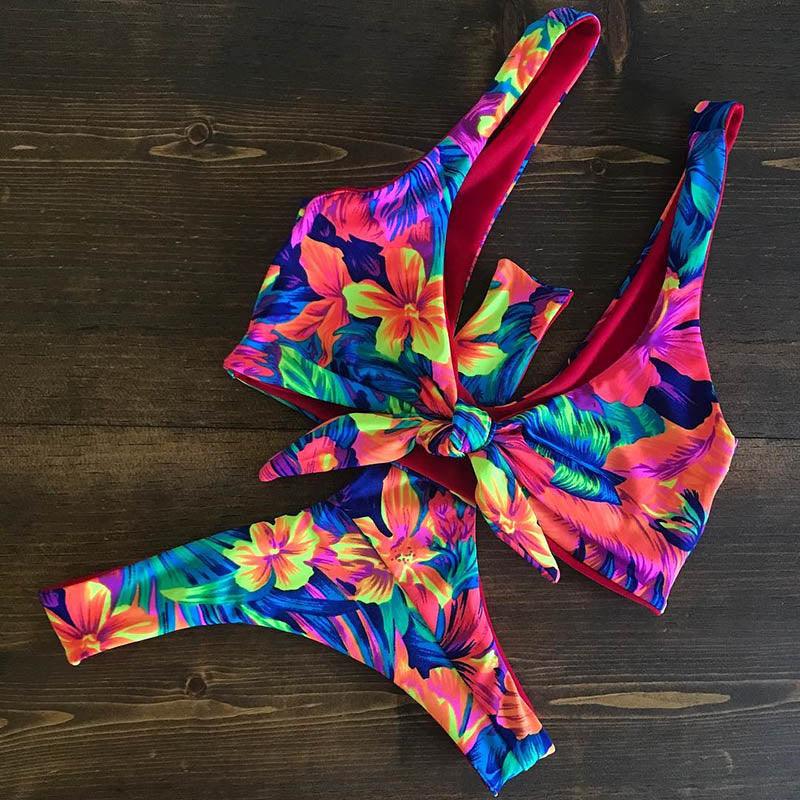 Bikini Set Women Swimwear Push Up Swimsuit Top Solid Bottom Print Bathing Suit Swim Wear Beach Women’s Floral Print Push-Up V-Wire Lettuce Bikini Set High Cut Spaghetti Straps Underwire Padded Swimsuit