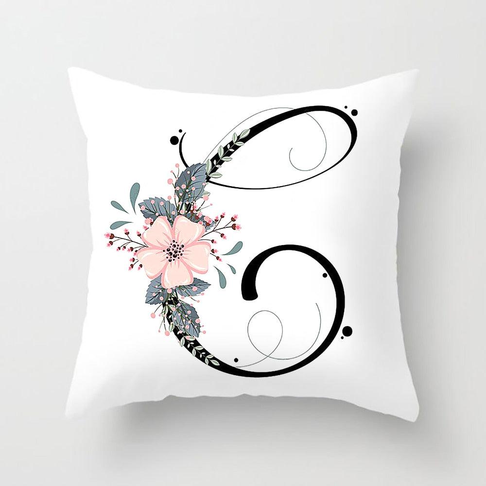 Black Alphabet Flower Print Pillow Cover White Polyester Modern Cushion Cover Decorative Pillowcase For Sofa Bed Chair Car Throw Pillow Covers Decorative Pillow Cases ABC Letter Cushion Covers Square Pillow Protectors Home Decor 45x45cm