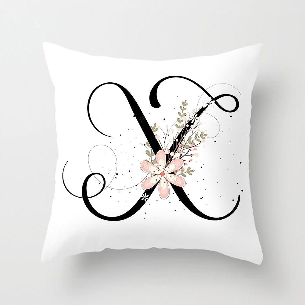 Black Alphabet Flower Print Pillow Cover White Polyester Modern Cushion Cover Decorative Pillowcase For Sofa Bed Chair Car Throw Pillow Covers Decorative Pillow Cases ABC Letter Cushion Covers Square Pillow Protectors Home Decor 45x45cm