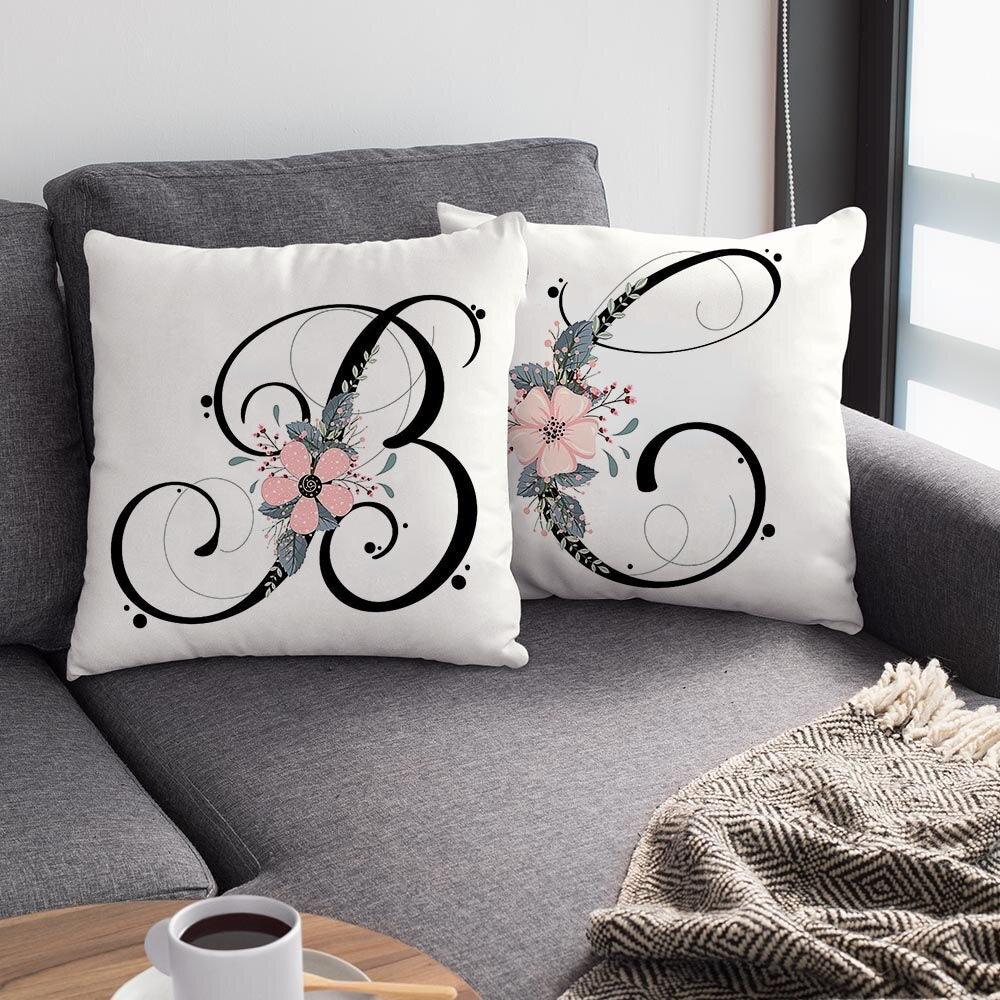 Black Alphabet Flower Print Pillow Cover White Polyester Modern Cushion Cover Decorative Pillowcase For Sofa Bed Chair Car Throw Pillow Covers Decorative Pillow Cases ABC Letter Cushion Covers Square Pillow Protectors Home Decor 45x45cm
