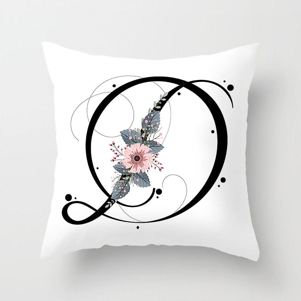 Black Alphabet Flower Print Pillow Cover White Polyester Modern Cushion Cover Decorative Pillowcase For Sofa Bed Chair Car Throw Pillow Covers Decorative Pillow Cases ABC Letter Cushion Covers Square Pillow Protectors Home Decor 45x45cm