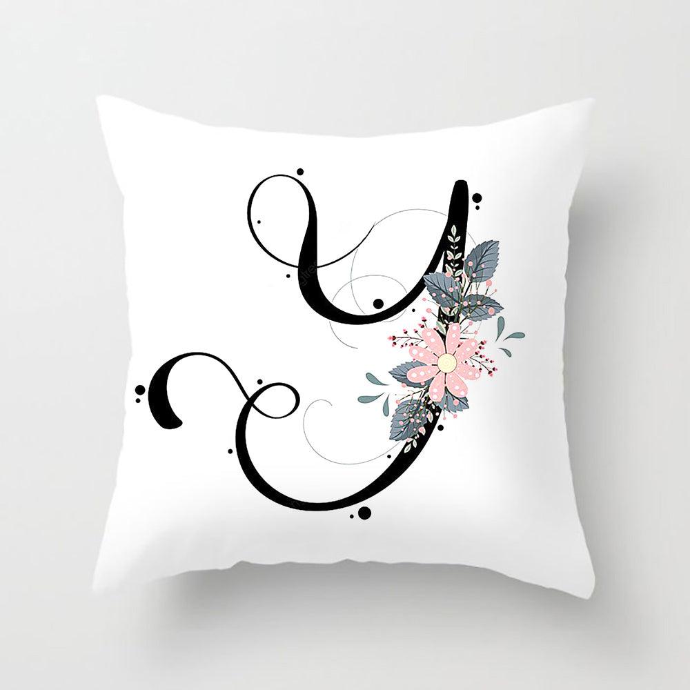 Black Alphabet Flower Print Pillow Cover White Polyester Modern Cushion Cover Decorative Pillowcase For Sofa Bed Chair Car Throw Pillow Covers Decorative Pillow Cases ABC Letter Cushion Covers Square Pillow Protectors Home Decor 45x45cm