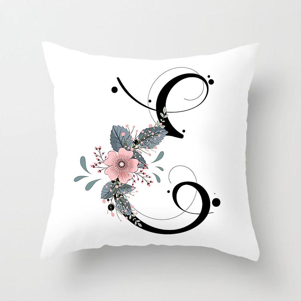 Black Alphabet Flower Print Pillow Cover White Polyester Modern Cushion Cover Decorative Pillowcase For Sofa Bed Chair Car Throw Pillow Covers Decorative Pillow Cases ABC Letter Cushion Covers Square Pillow Protectors Home Decor 45x45cm