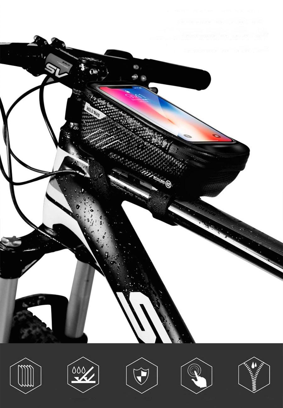 Black Bike Bag Frame Front Top Tube Cycling Bag Waterproof Phone Case Touchscreen Bag  Pack Bicycle Accessories Bike Bicycle Bag Waterproof Bike Phone Mount Bag Front Frame Top Tube Handlebar Bag Touch Screen Holder Case For Cell Phones 6.6in