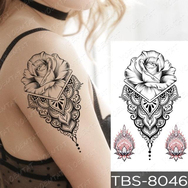 Black Sketchs Flowers Waterproof Temporary Tattoo Sticker Chest Flash Tattoo Wolf Diamond Flower Body Art Arm Fake Tattoo For Womens Men