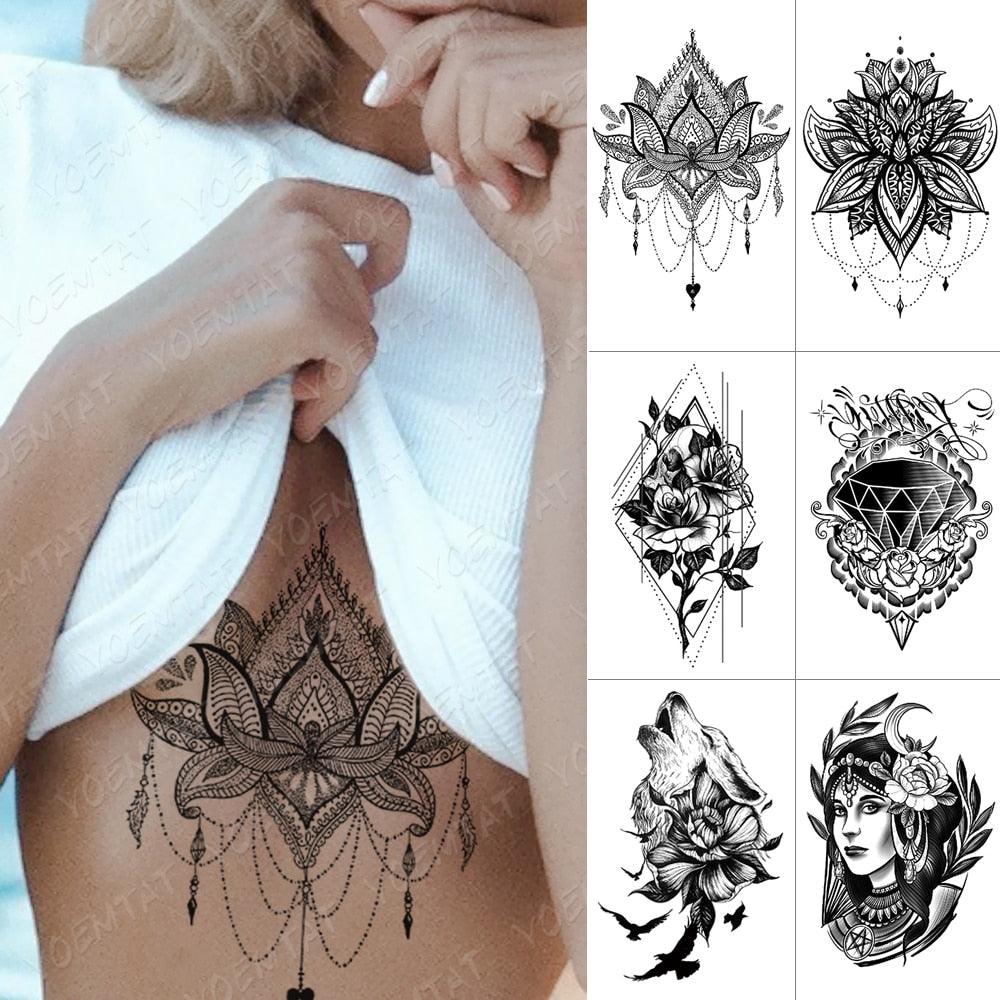 Black Sketchs Flowers Waterproof Temporary Tattoo Sticker Chest Flash Tattoo Wolf Diamond Flower Body Art Arm Fake Tattoo For Womens Men