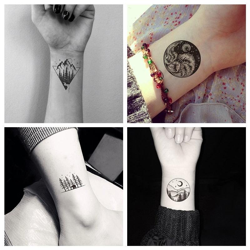 Black Temporary Waterproof Tattoo Sticker Mountains Tree Body Decoration Elegant Stylish Design