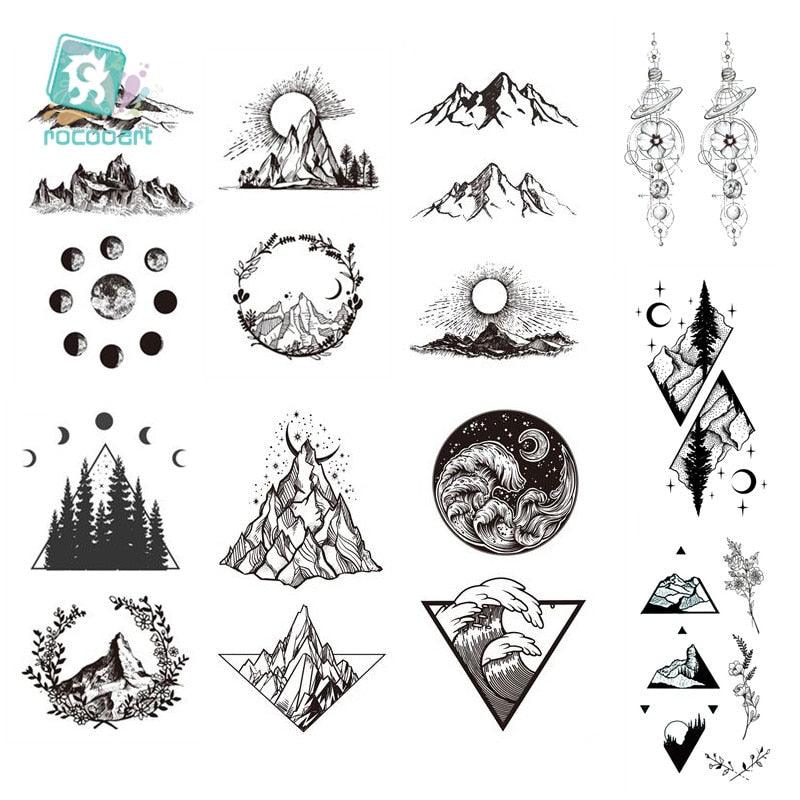 Black Temporary Waterproof Tattoo Sticker Mountains Tree Body Decoration Elegant Stylish Design