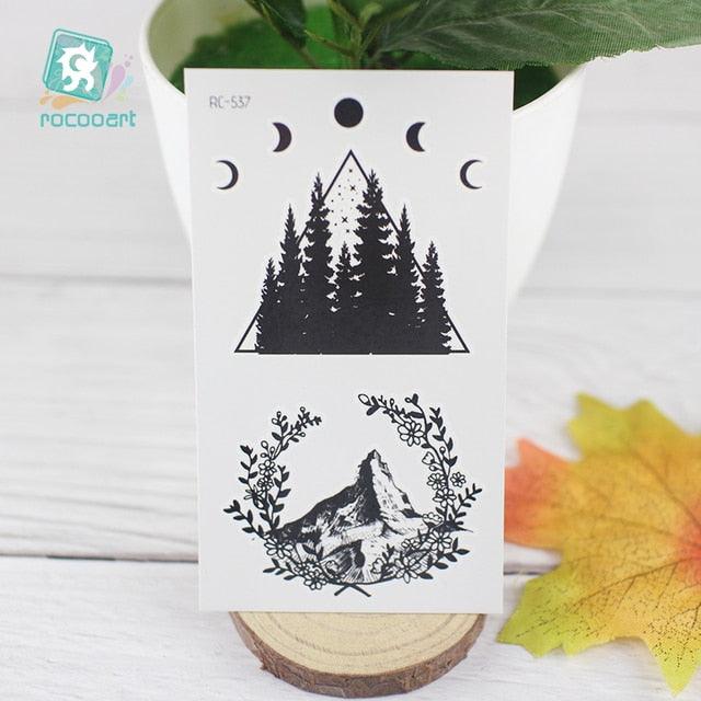Black Temporary Waterproof Tattoo Sticker Mountains Tree Body Decoration Elegant Stylish Design