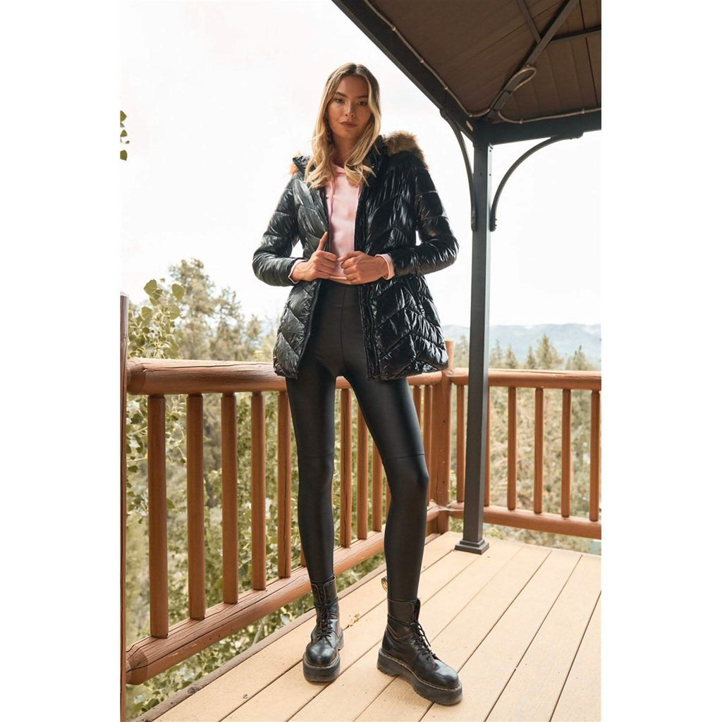 Black Vinyl Glossy Finish Fitted Faux Fur Hood Chevron Padded Puffer Jacket